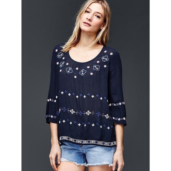 Gap Womens Shirt Extra Large Blouse Flowy Embroidered Blue Red Bell Sleeve Gauze - Picture 1 of 8